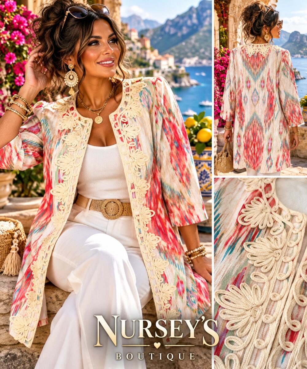 Chico's Daintree Ikat Linen Soutache Topper Jacket Size 1 NWT $159